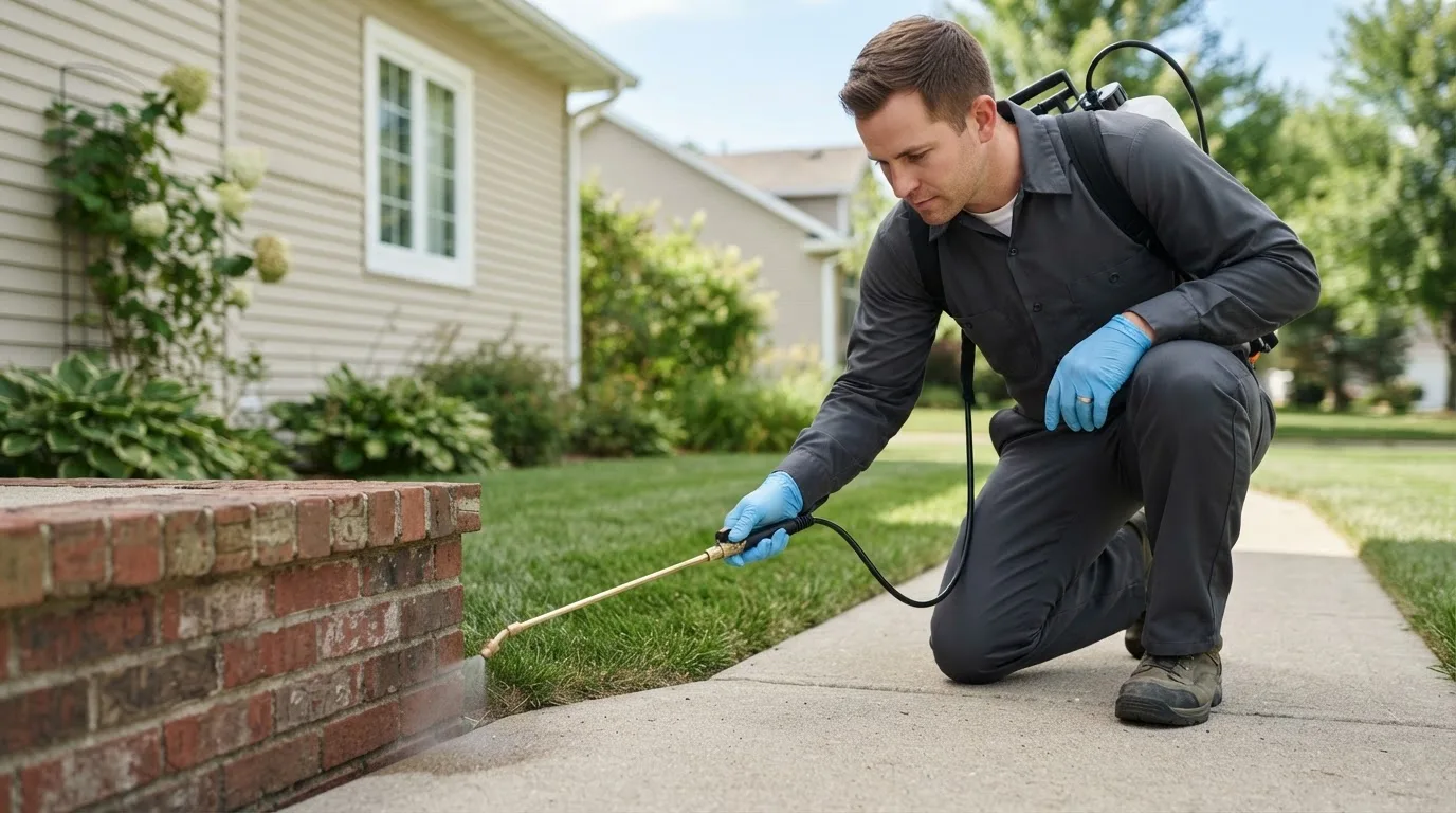 Pest control technician treating a home near Highland Village, TX